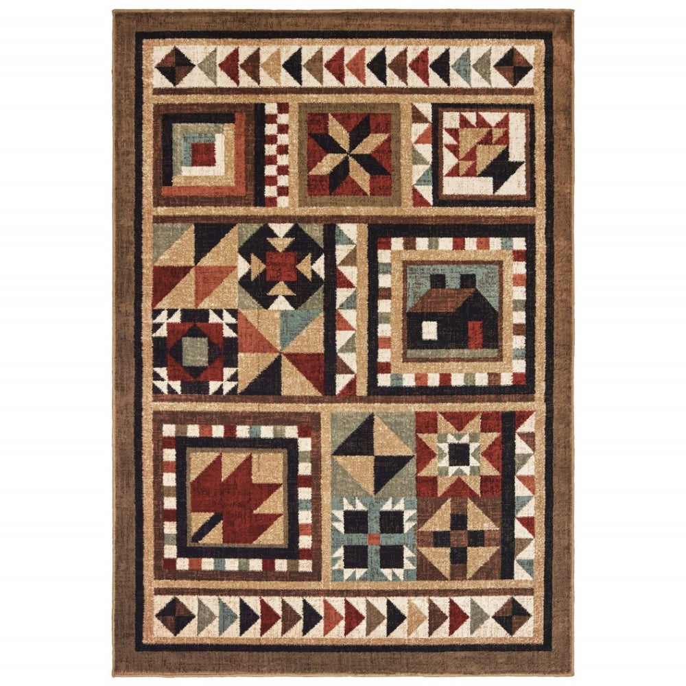 HomeRoots 5' Ikat Patchwork Area Rug in Brown and Red – Stylish Bohemian Design for Cozy Living Spaces 6'7" x 9'2" 388871
