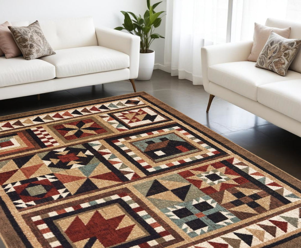 HomeRoots 5' Ikat Patchwork Area Rug in Brown and Red – Stylish Bohemian Design for Cozy Living Spaces 6'7" x 9'2" 388871