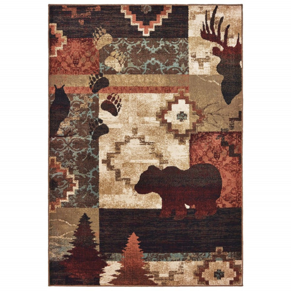 HomeRoots 5' Rustic Lodge Animal Area Rug - Nature-Inspired Design with Durable, Easy-Care Polypropylene Material 6'7" x 9'2" 388877