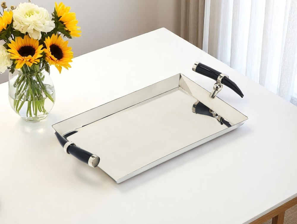 HomeRoots 19" Silver Stainless Steel Serving Tray with Chic Horn Handles for Elegant Entertaining & Display 388898
