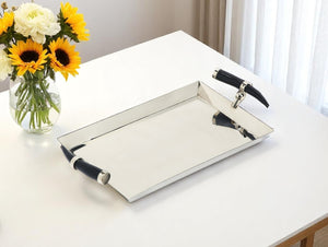 HomeRoots 19" Silver Stainless Steel Serving Tray with Chic Horn Handles for Elegant Entertaining & Display 388898