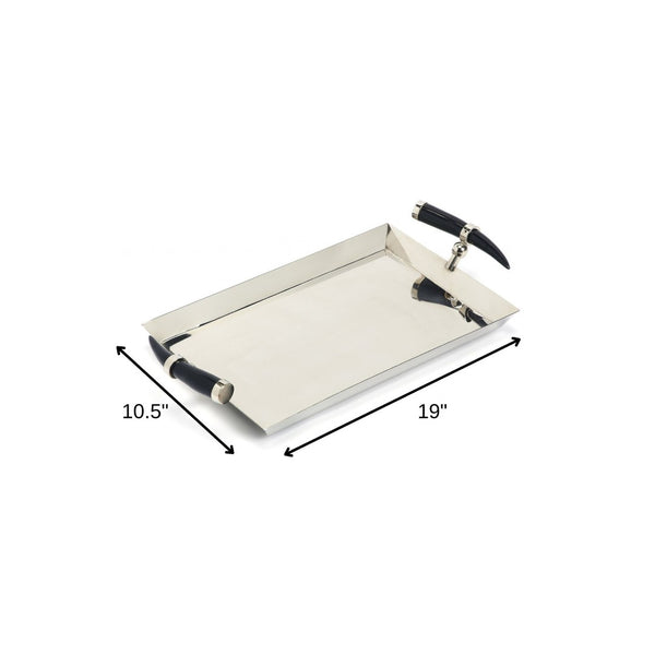 HomeRoots 19" Silver Stainless Steel Serving Tray with Chic Horn Handles for Elegant Entertaining & Display 388898