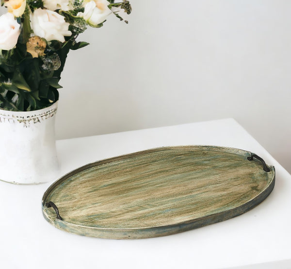 Homeroots 27" Green Mango Oval Serving Tray With Handles   388900