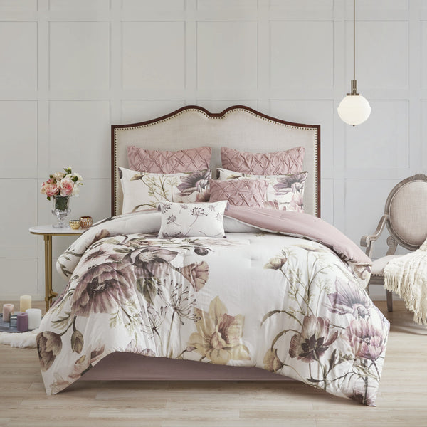 English Elm 8 Madison Park Cassandra Cotton Printed Comforter Set Queen with Floral Shabby Chic Embroidered Pillows OEKO-TEX Certified Blush 18.9 L x 13.78 W x 11.42 H B03597100