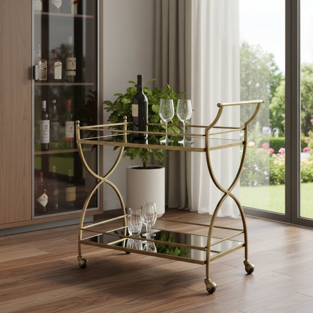 HomeRoots Antique Gold Bar Cart - Vintage-Inspired Elegance with Mirrored Shelves & Smooth Mobility for Entertaining 388945