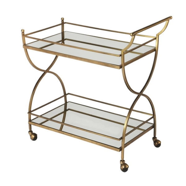 HomeRoots Antique Gold Bar Cart - Vintage-Inspired Elegance with Mirrored Shelves & Smooth Mobility for Entertaining 388945