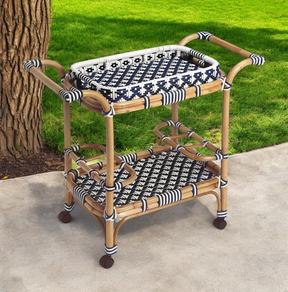 Homeroots Blue And White Rattan Bar Cart  Rattan 388948