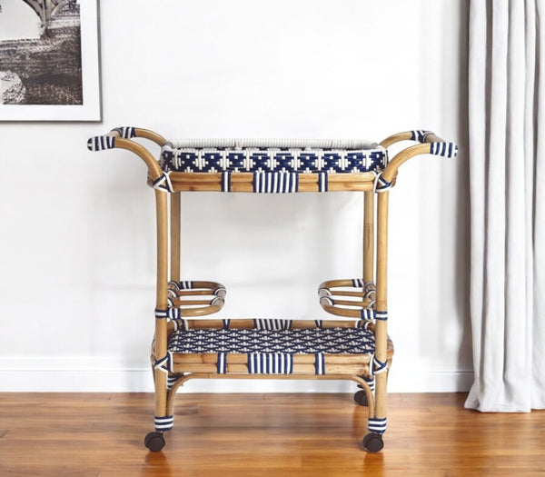 HomeRoots 35" Coastal-Inspired Navy Blue & White Rolling Rattan Bar Cart - Perfect for Indoor & Outdoor Entertaining 388948