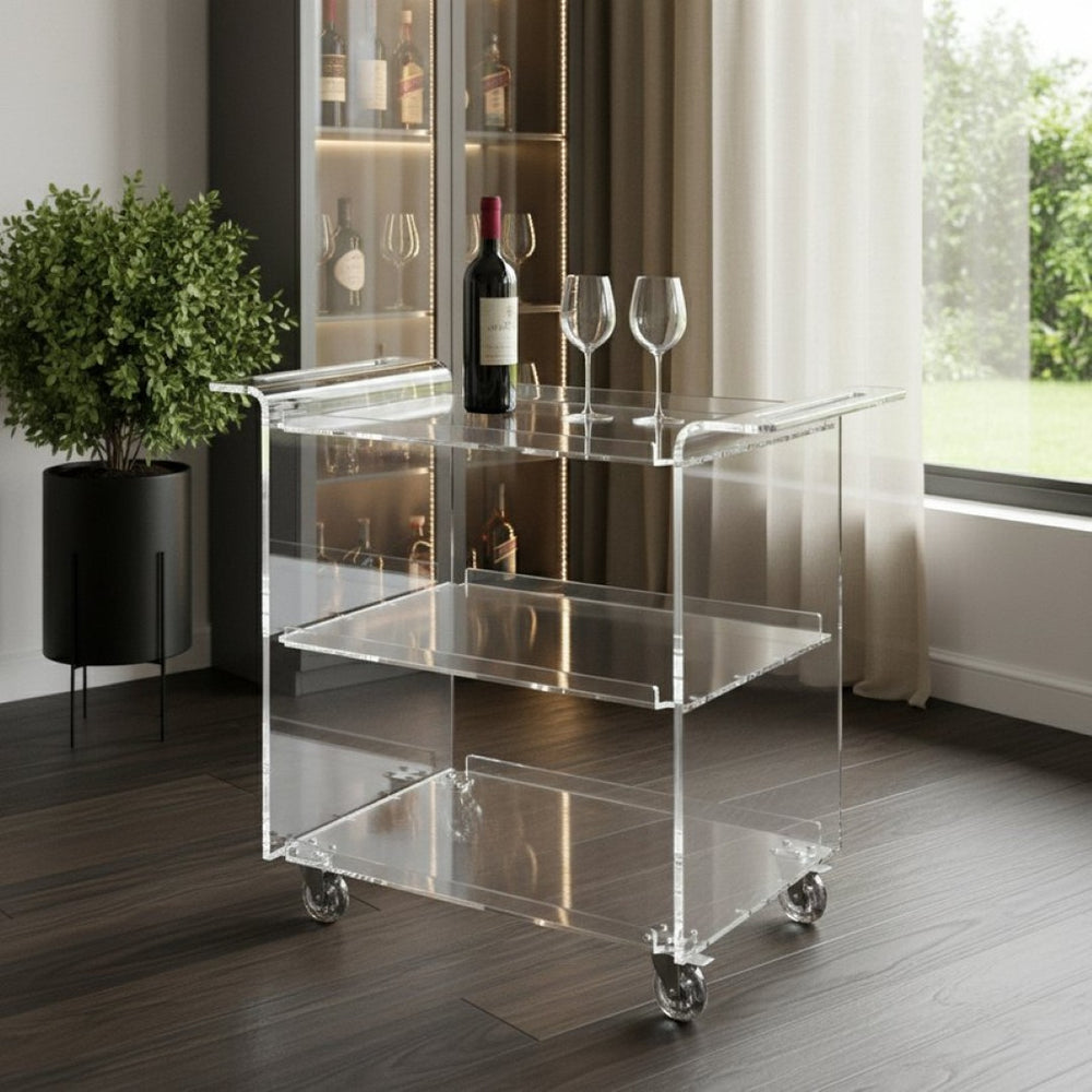 HomeRoots Clear Acrylic Rolling Server Bar Cart with 360° Wheels – Modern, Stylish, and Versatile for Entertaining 388954