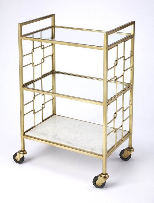 HomeRoots Polished Gold Bar Cart - Vintage Glamour Meets Industrial Chic with 3-Tier Storage & Mobility Options 388955
