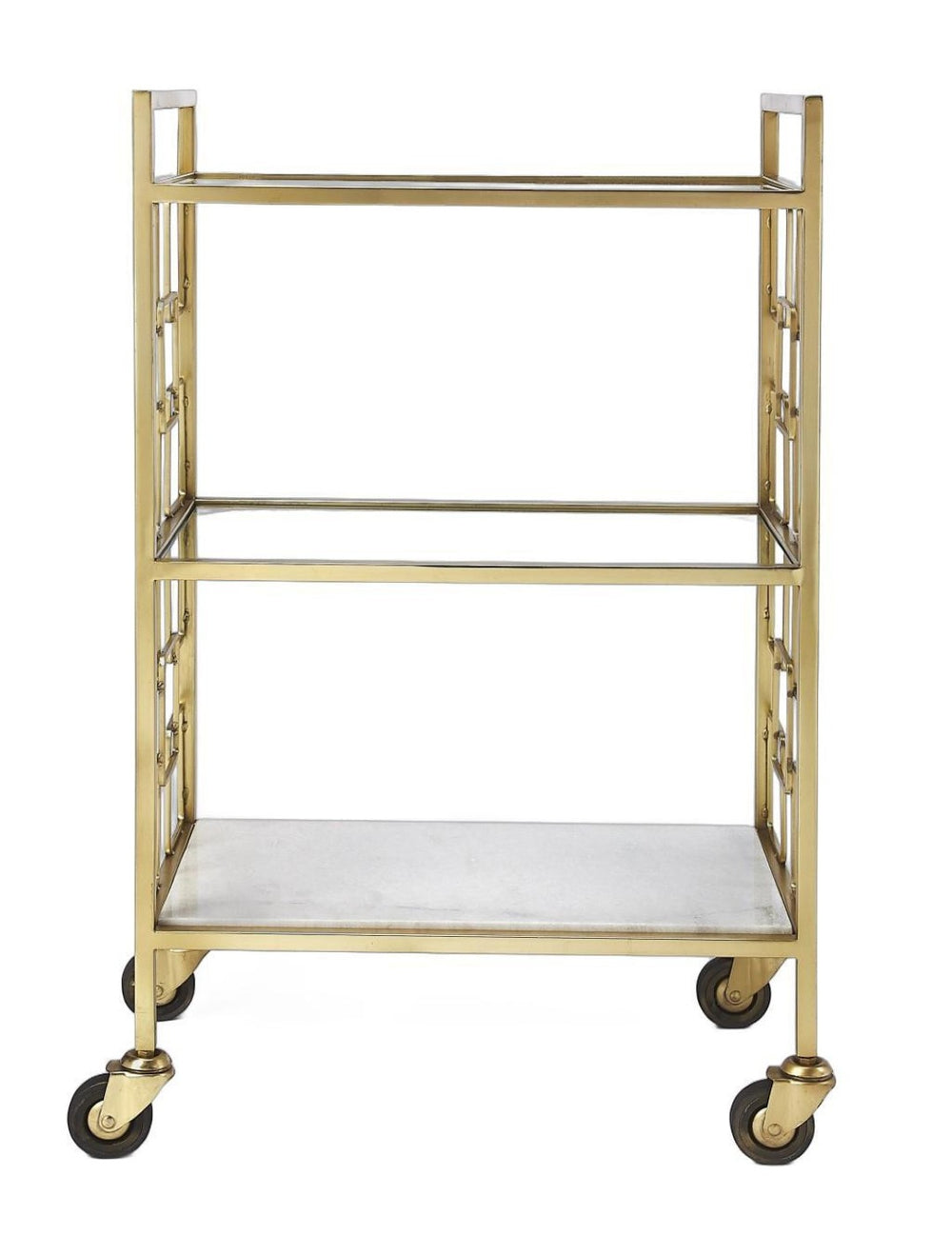 HomeRoots Polished Gold Bar Cart - Vintage Glamour Meets Industrial Chic with 3-Tier Storage & Mobility Options 388955