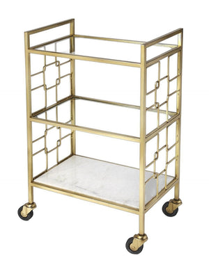 HomeRoots Polished Gold Bar Cart - Vintage Glamour Meets Industrial Chic with 3-Tier Storage & Mobility Options 388955
