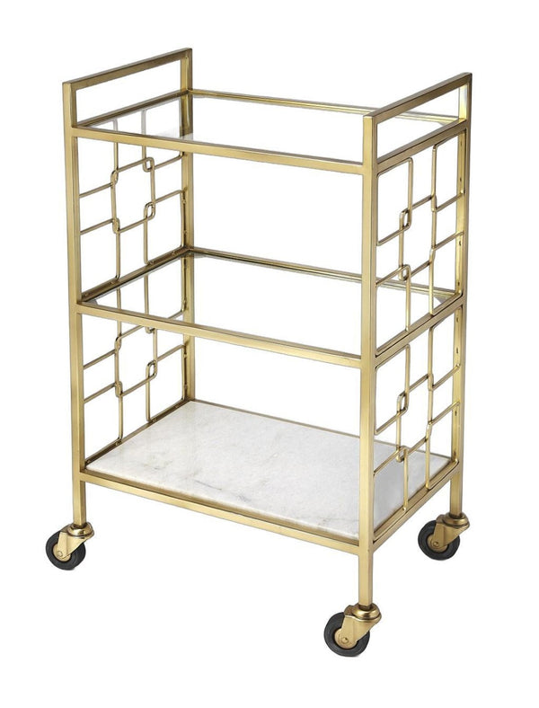 HomeRoots Polished Gold Bar Cart - Vintage Glamour Meets Industrial Chic with 3-Tier Storage & Mobility Options 388955