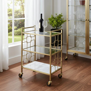 HomeRoots Polished Gold Bar Cart - Vintage Glamour Meets Industrial Chic with 3-Tier Storage & Mobility Options 388955