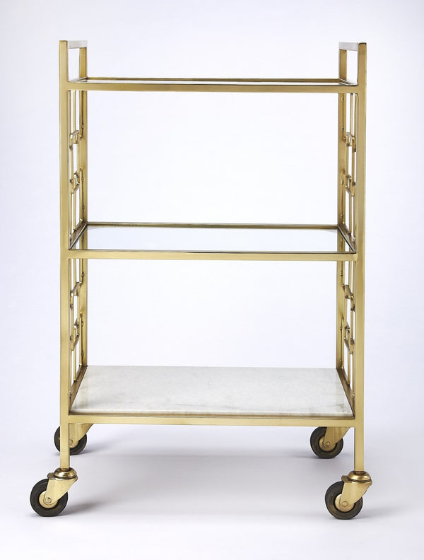 HomeRoots Polished Gold Bar Cart - Vintage Glamour Meets Industrial Chic with 3-Tier Storage & Mobility Options 388955