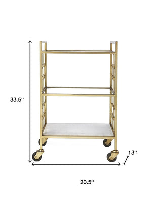 HomeRoots Polished Gold Bar Cart - Vintage Glamour Meets Industrial Chic with 3-Tier Storage & Mobility Options 388955