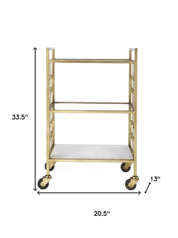 HomeRoots Polished Gold Bar Cart - Vintage Glamour Meets Industrial Chic with 3-Tier Storage & Mobility Options 388955
