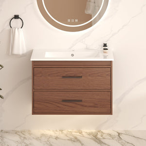 English Elm 30" Wall Mounted Bathroom Vanity Reddish Brown Mdf Two Soft Close Drawer Ceramic Sink W3133S00021