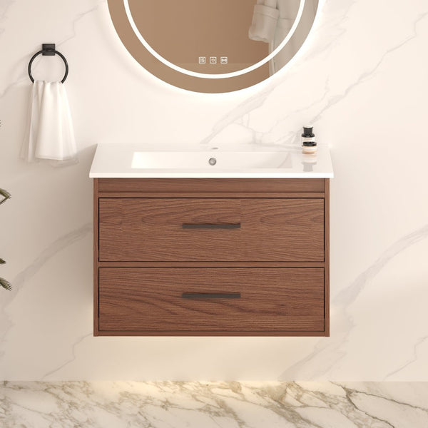 English Elm 30" Wall Mounted Bathroom Vanity Reddish Brown Mdf Two Soft Close Drawer Ceramic Sink W3133S00021