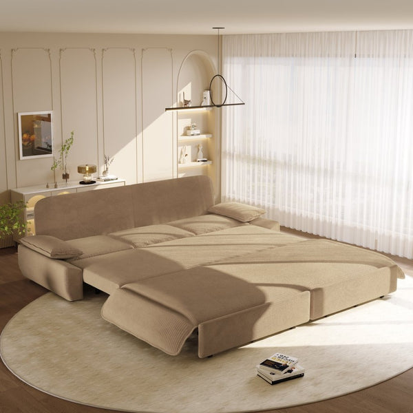 English Elm 94.5" King Convertible Sleeper Sofa Corduroy Upholstered Chaise Lounge Guest Room Bed Camel W1885S00309