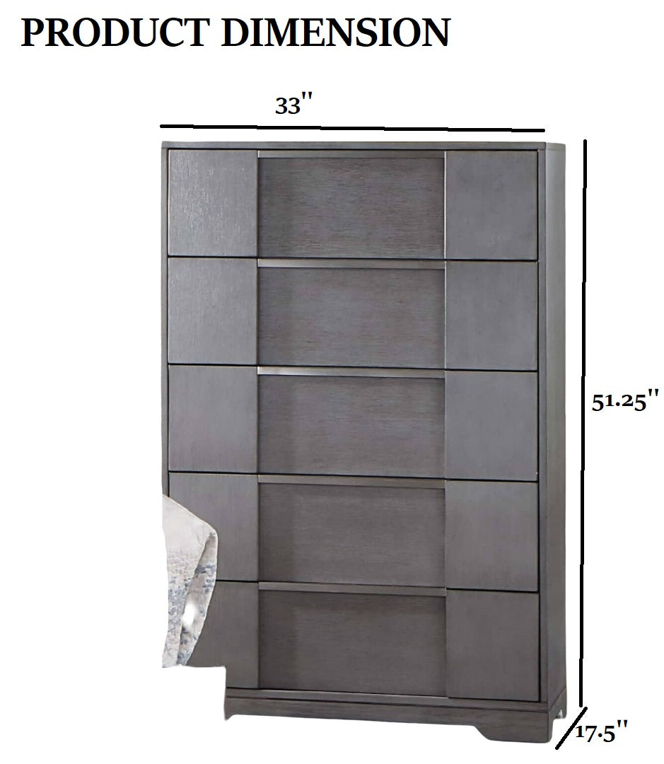 English Elm Gray 5-Drawer Contemporary Chest 33"W x 51"H – Recessed Nickel Finger Pulls, Felt-Lined Top Drawer, Ball-Bearing Glides B2741P369383