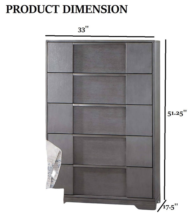 English Elm Gray 5-Drawer Contemporary Chest 33"W x 51"H – Recessed Nickel Finger Pulls, Felt-Lined Top Drawer, Ball-Bearing Glides B2741P369383