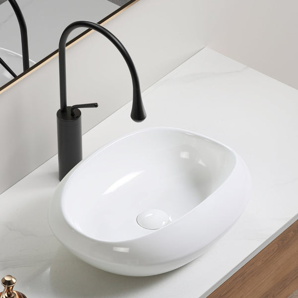 English Elm Oval Ceramic Vessel Sink Glossy White Basin for Small Vanity Countertop Bathrooms W3402P351197