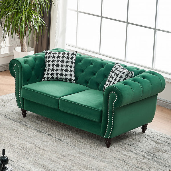 English Elm 67"Chesterfield Velvet 2-Seater Sofa with Nailhead Trim, Roll Arms, Hardwood Frame, Luxurious Comfort Green W3373S00049