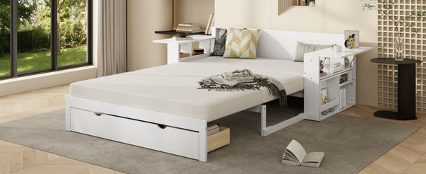 English Elm Full Size Daybed with Hydraulic Desk Armrests Storage Drawer and Sofa Seating White LT000271AAK