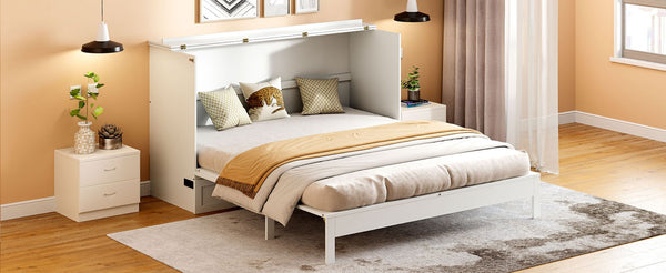 English Elm Queen Murphy Wall Bed with Usb Ports Storage Drawers and Cabinet Style Panel Front White N708S00010K-1