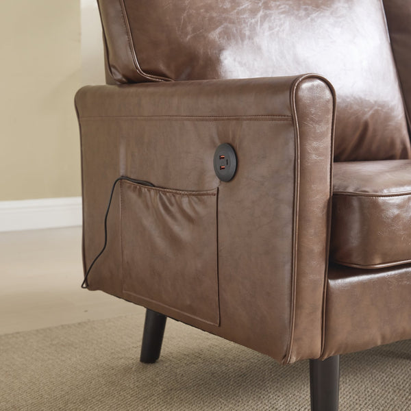 English Elm Loveseat Modern Mid-Century 2-Seater with USB Type-C Charging, Removable Zippered Covers, Sturdy Wood Legs Brown PU W395P238821