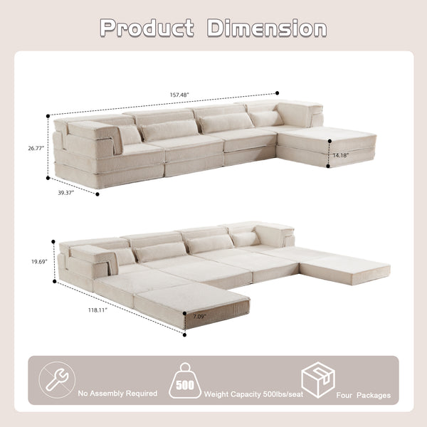 English Elm Compression Mahjong Sofa Bed - Versatile Modular Design, Cozy Circle Fleece, No Assembly, 4 Seater W3723S00035