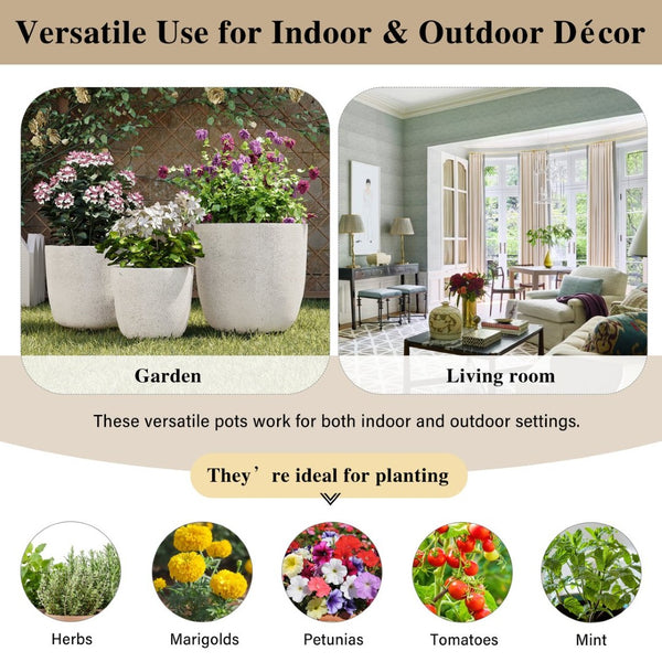 English Elm U_style Mgo Concrete Look Round Planters Set of 3 Lightweight Stackable Outdoor Pots White N711P406670A