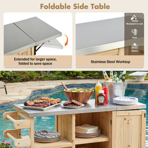 English Elm Foldable Outdoor Kitchen Cart with Stainless Worktop Fir Wood Frame and Lockable Wheels Natural N719P380281N