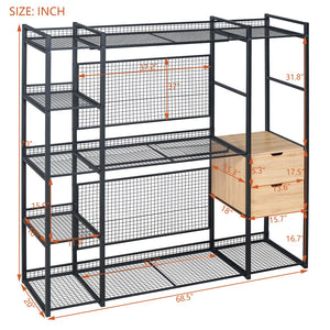 English Elm Open-Style Wardrobe Storage System with Heavy-Duty Metal Frame, Rails, Shelves & Drawers - Sleek Durable Design for Organized Living Black SF000087AAB