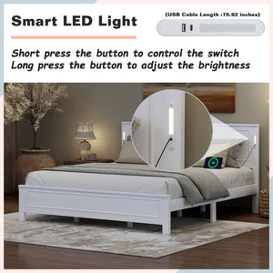 English Elm King Pine Wood Platform Bed with Led Lighting Usb Charging Tall Panel Headboard White W504S00274