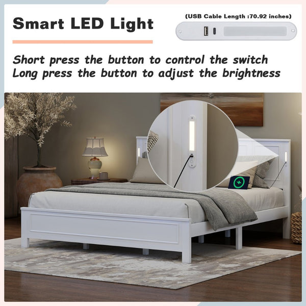 English Elm King Pine Wood Platform Bed with Led Lighting Usb Charging Tall Panel Headboard White W504S00274