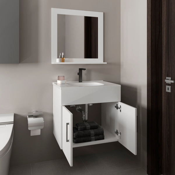 English Elm Bathroom Vanity Sink & Mirror Set White — Engineered Wood, Compact 2-Door Cabinet, Open Shelf Storage B097P369439