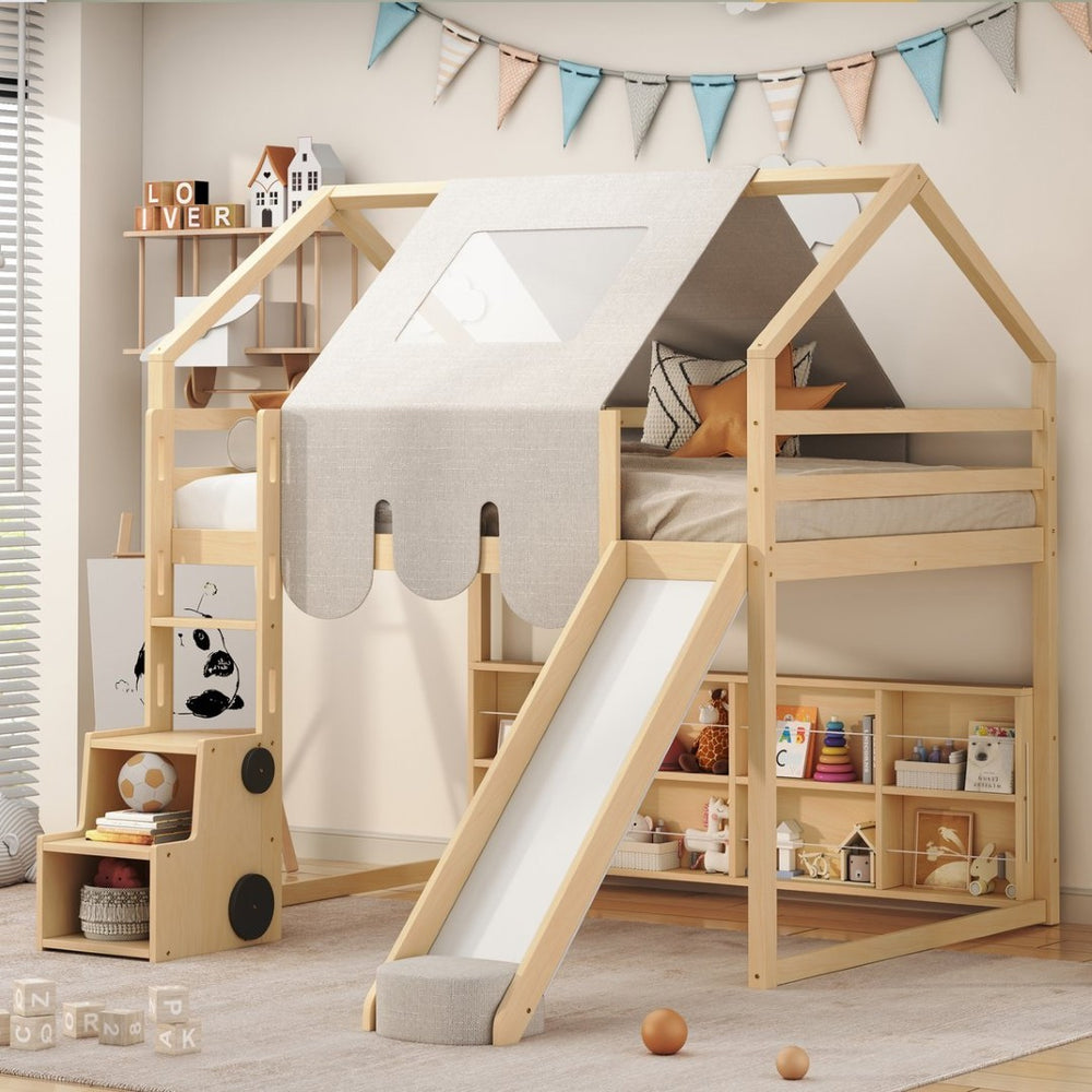 English Elm Full Size Kids House Loft Bed Pinewood Frame with Tent Slide and Play Storage Natural LT000683AAD