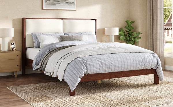 English Elm Solid Wood Queen Platform Bed Velvet Tufted Headboard Architectural Slat Design Espresso N7090000742P