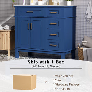 English Elm 36" Blue Modern Bathroom Vanity with Ceramic Sink, Solid Wood+MDF, Soft-Close Doors, 4 Drawers, Compact Elegance for Small Spaces N729P253935C