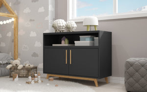 HomeRoots Modern Two-Door Console Cabinet - Stylish Black & Natural Accent for Versatile Storage & Display Solutions 389027