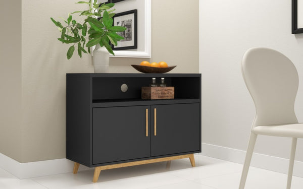 HomeRoots Modern Two-Door Console Cabinet - Stylish Black & Natural Accent for Versatile Storage & Display Solutions 389027