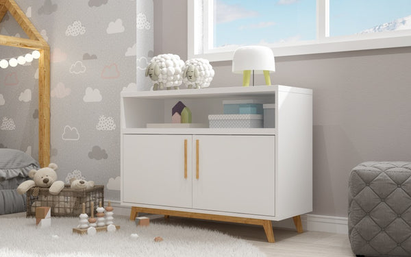 Homeroots Modern White And Natural Two Door Console Table  Wood,Manufactured 389028