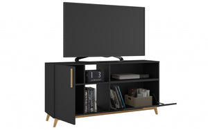 Homeroots Modern Black And Natural Asymmetrical Tv Stand  Solid Wood 389031