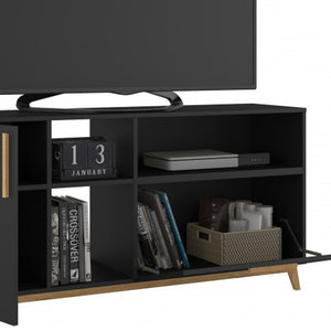 Homeroots Modern Black And Natural Asymmetrical Tv Stand  Solid Wood 389031