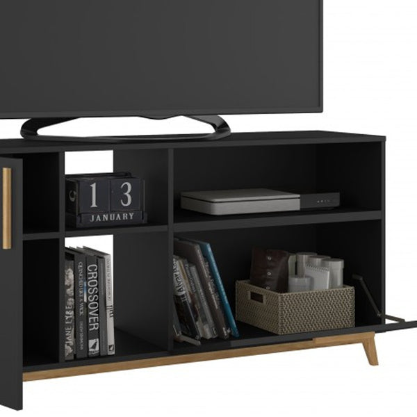 Homeroots Modern Black And Natural Asymmetrical Tv Stand  Solid Wood 389031