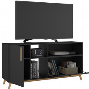 Homeroots Modern Black And Natural Asymmetrical Tv Stand  Solid Wood 389031