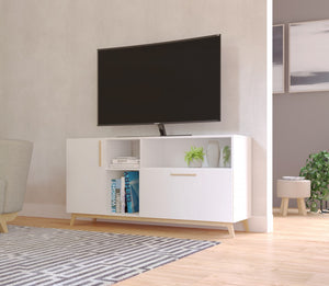 Homeroots Modern White And Natural Asymmetrical Tv Stand  Solid Wood 389032