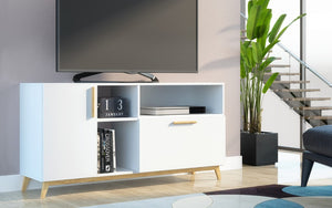 Homeroots Modern White And Natural Asymmetrical Tv Stand  Solid Wood 389032
